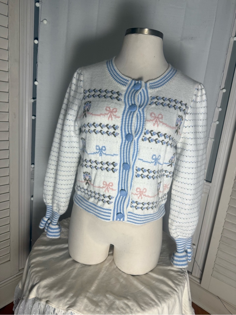 Sunday Up Blue Bow Floral Fair Isle Knit Cardigan Sweater L Coquette Cottagecore